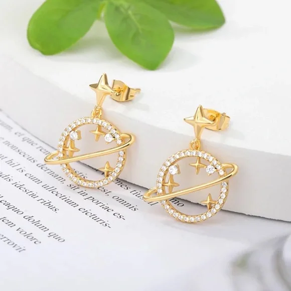 Crystal Planet Saturn and Gold Stars Dangle Earrings - Picture 3 of 16